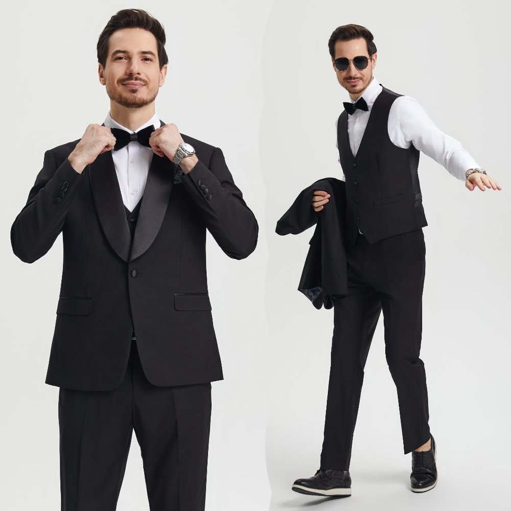 Stacy Adams 3pc Mens Tuxedo Hybrid Fit Shawl Lapel, Black